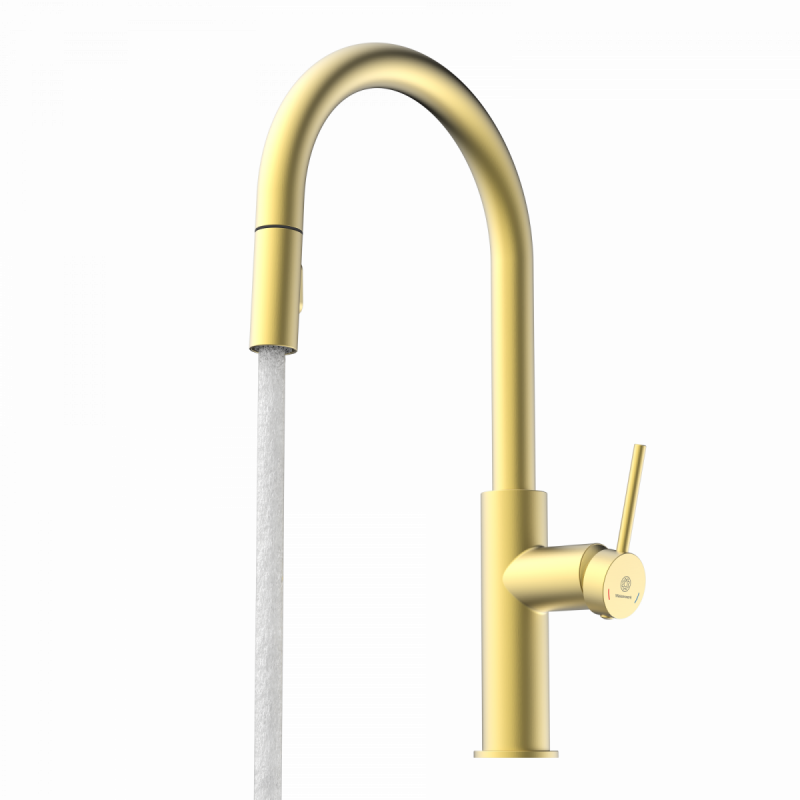 WK 13 Sphere in gold look, Kitchen Faucet with arched spout and pull-down spray