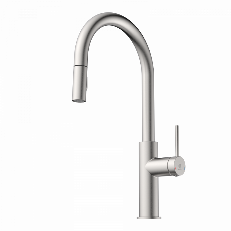 WK 13 Sphere in stainless steel look, Kitchen Faucet with arched spout and pull-down spray