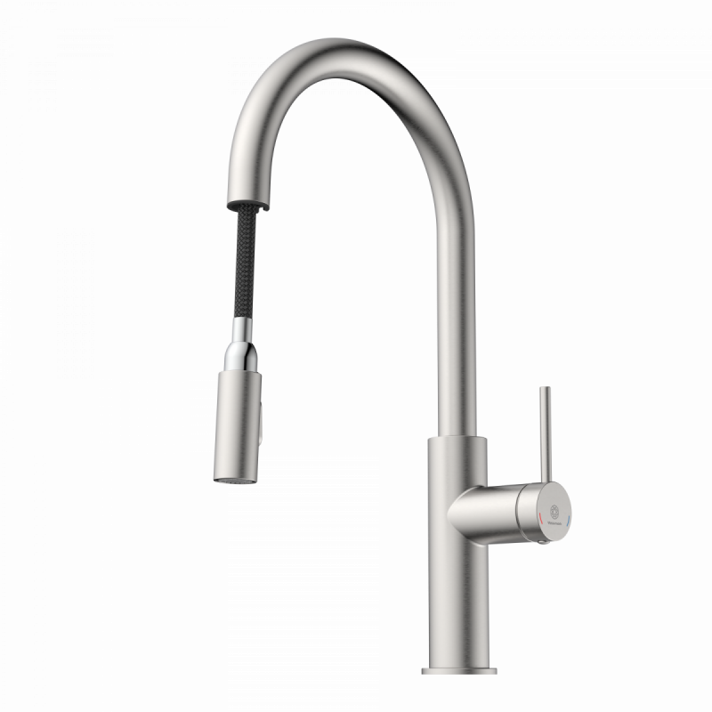 WK 13 Sphere in stainless steel look, Kitchen Faucet with arched spout and pull-down spray