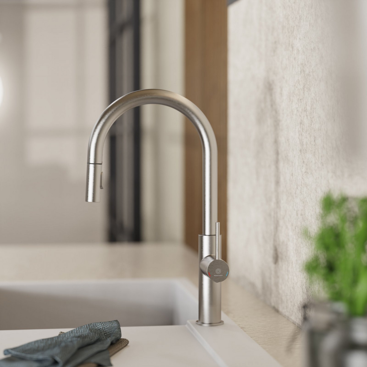 WK 13 Sphere in stainless steel look, Kitchen Faucet with arched spout and pull-down spray