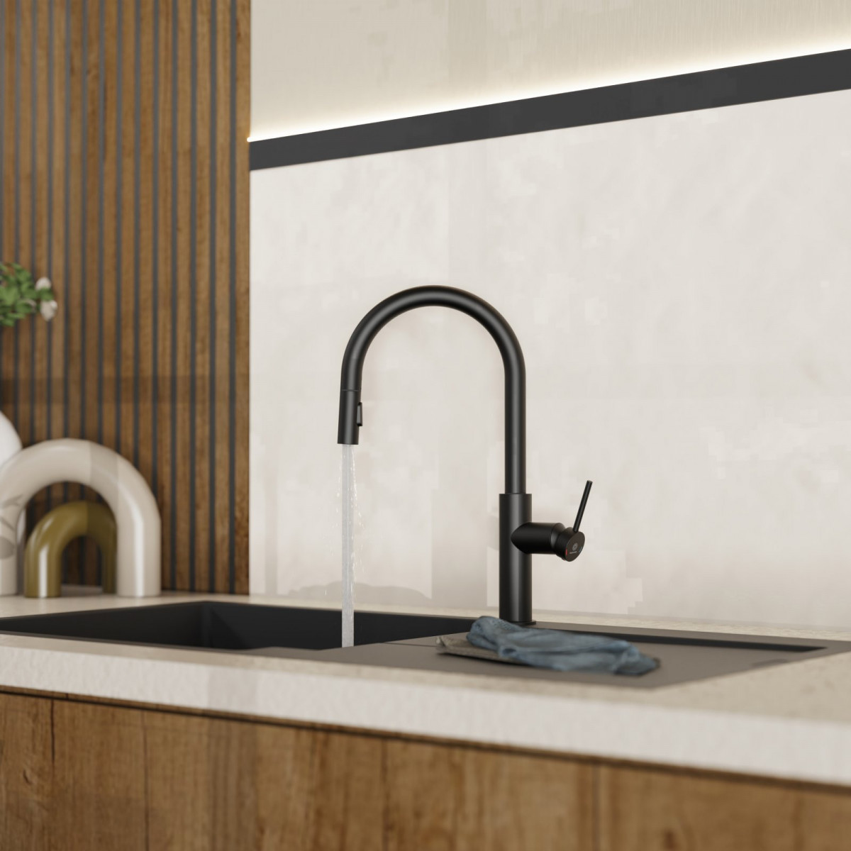 WK 13 Sphere in black, Kitchen Faucet with arched spout and pull-down spray