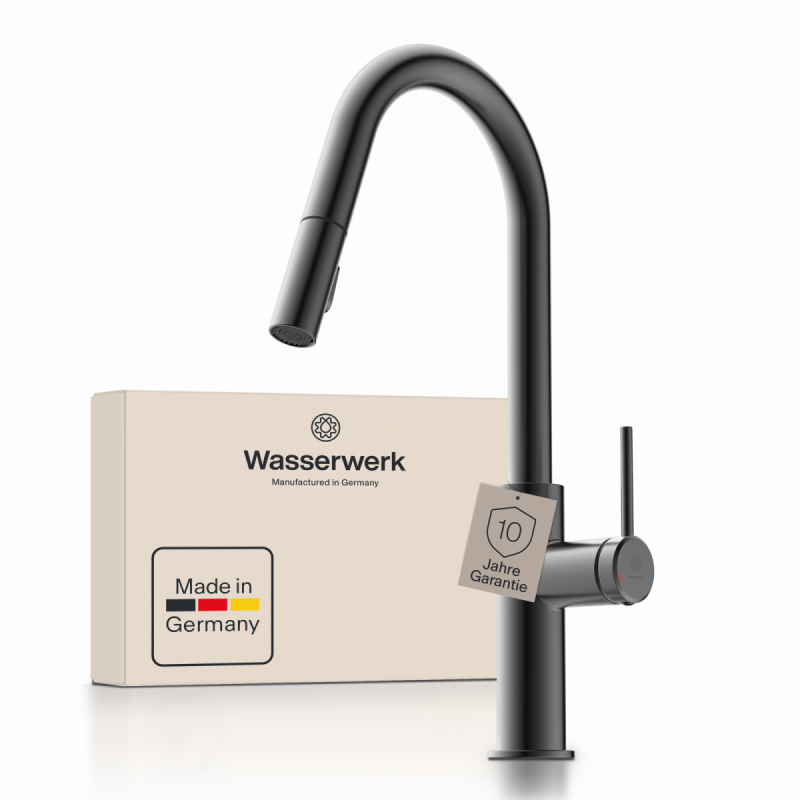 WK 13 Curve in matte graphite, Kitchen Faucet with curved spout and pull-down spray