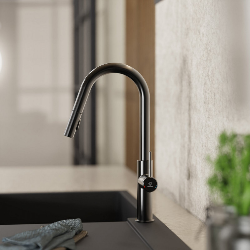 WK 13 Curve in matte graphite, Kitchen Faucet with curved spout and pull-down spray
