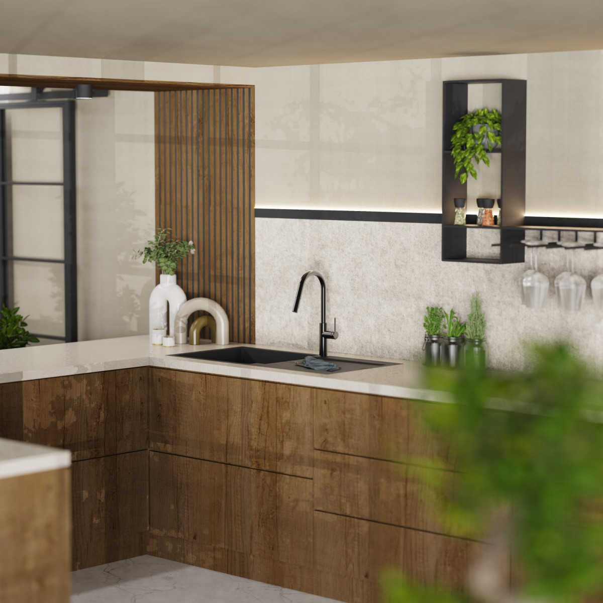 WK 13 Curve in matte graphite, Kitchen Faucet with curved spout and pull-down spray