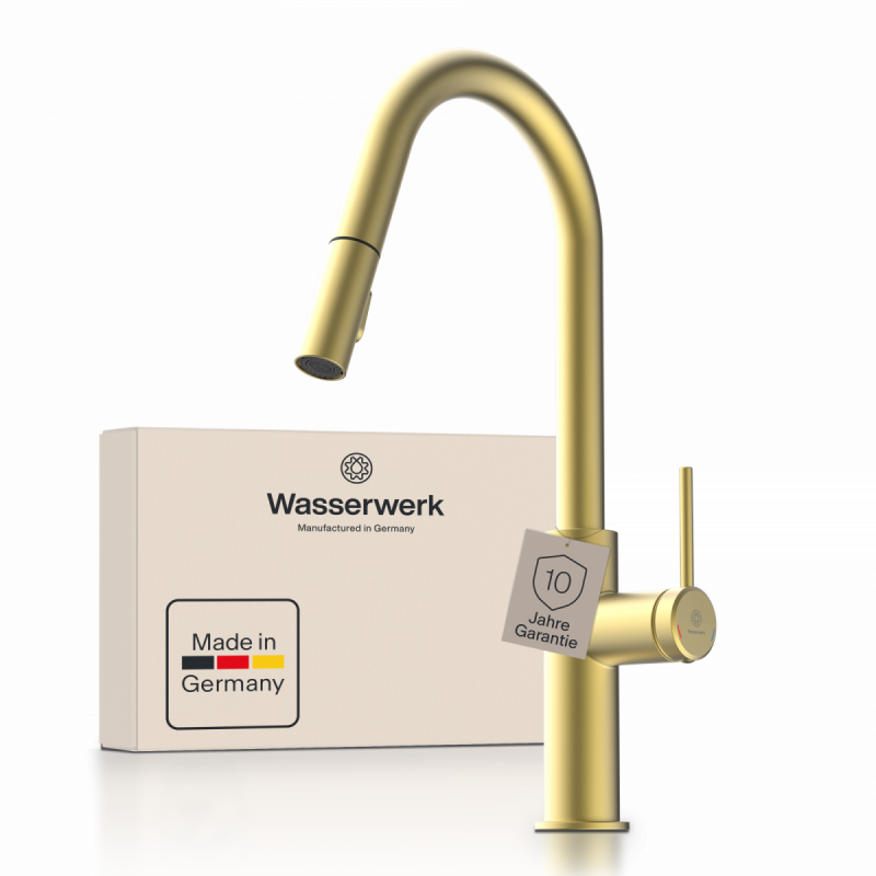 WK 13 Curve in gold look, Kitchen Faucet with curved spout and pull-down spray