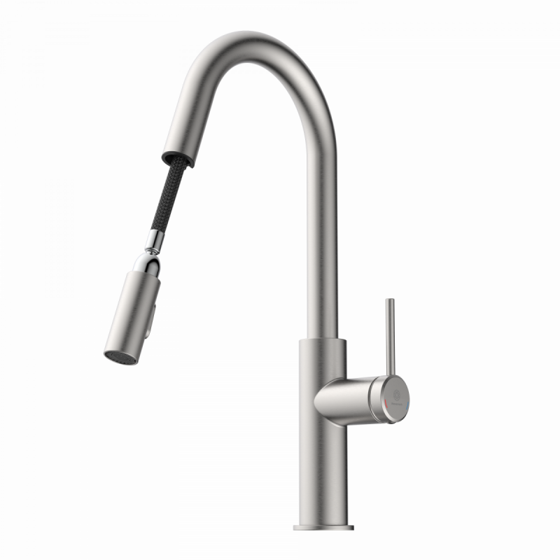 WK 13 Curve in stainless steel look, Kitchen Faucet with curved spout and pull-down spray