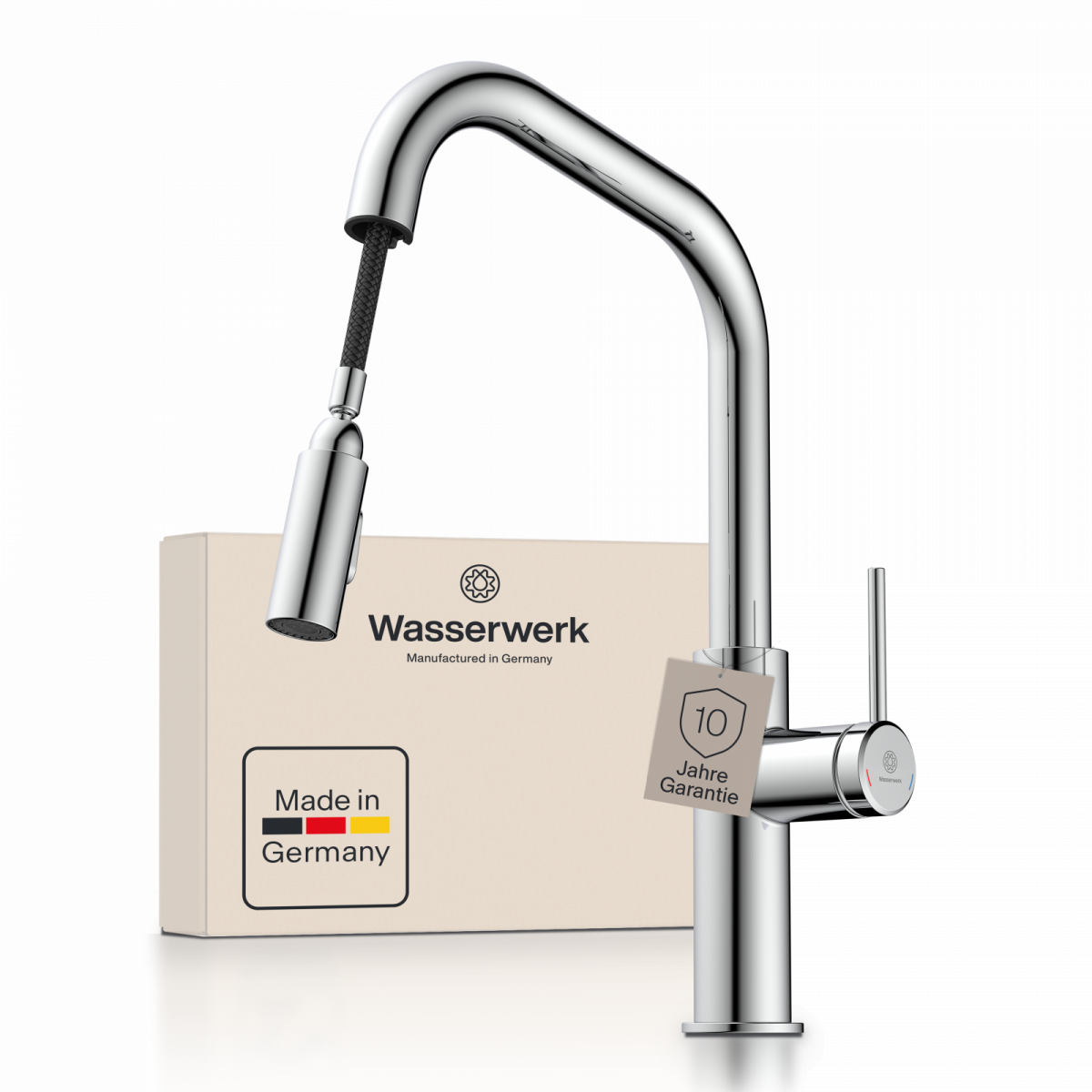 WK 13 Edge in chrome, Kitchen Faucet with edged spout and pull-down spray