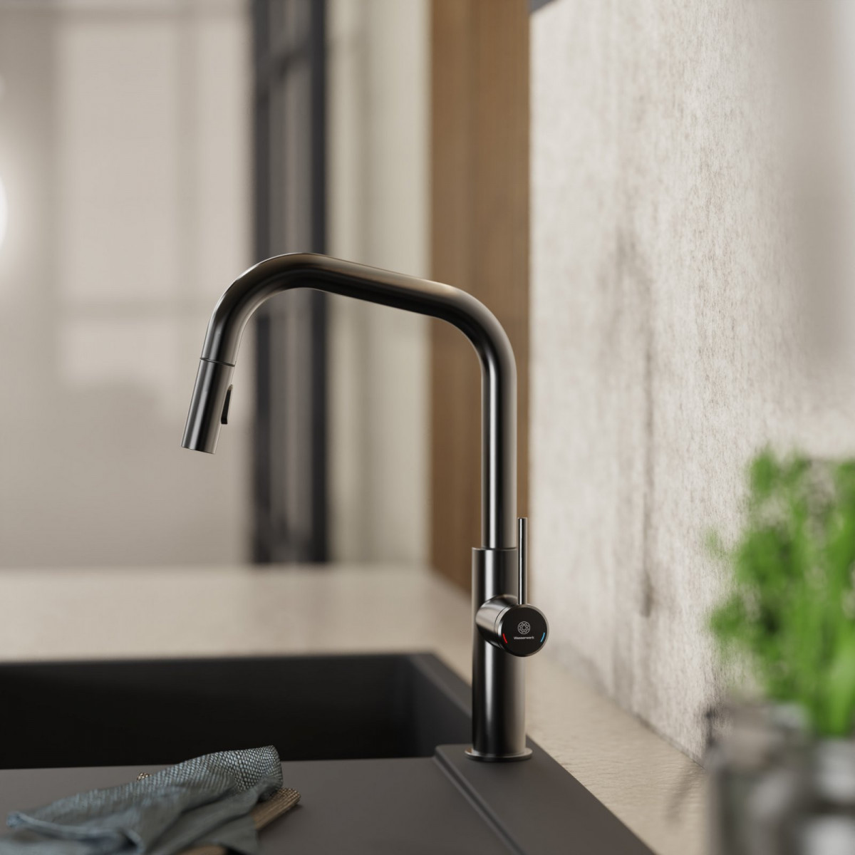 WK 13 Edge in matte graphite, Kitchen Faucet with edged spout and pull-down spray
