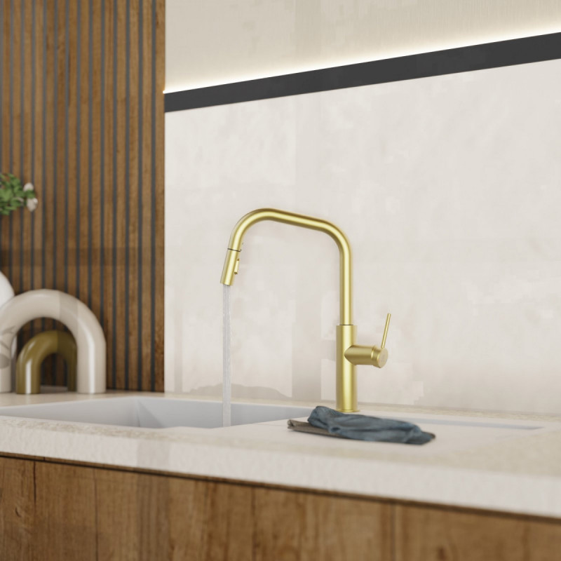 WK 13 Edge in gold look, Kitchen Faucet with edged spout and pull-down spray