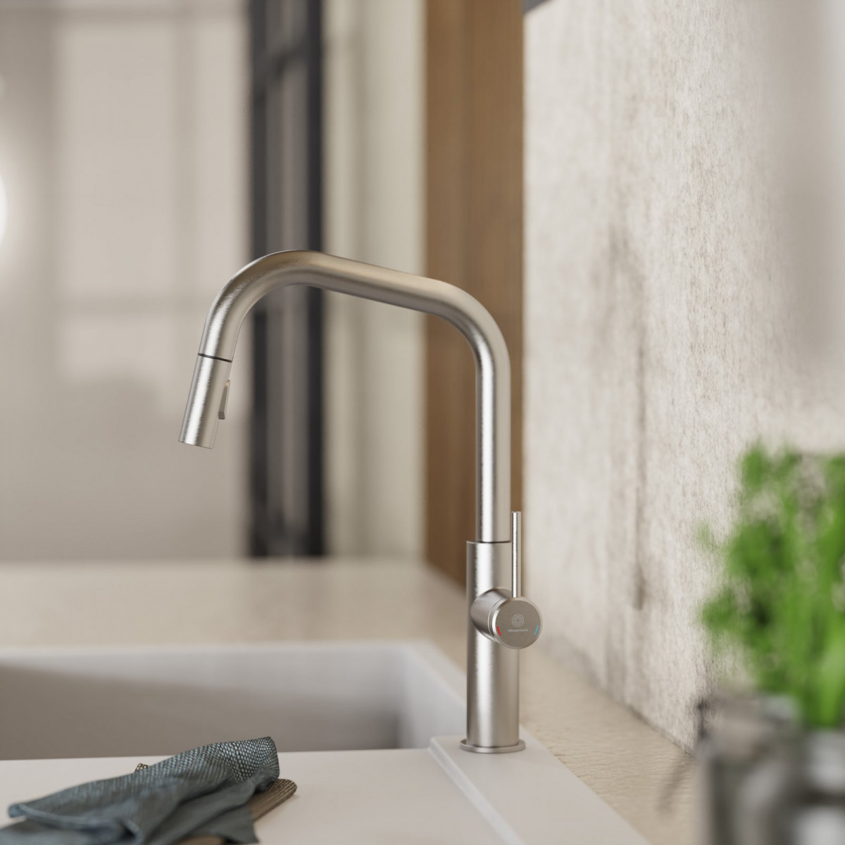 WK 13 Edge in stainless steel look, Kitchen Faucet with edged spout and pull-down spray