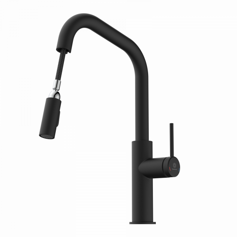 WK 13 Edge in black, Kitchen Faucet with edged spout and pull-down spray
