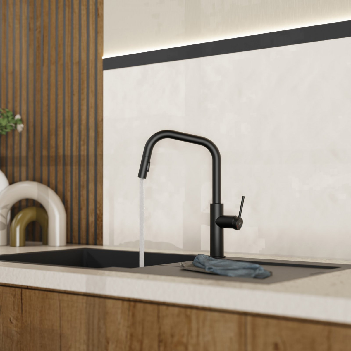 WK 13 Edge in black, Kitchen Faucet with edged spout and pull-down spray