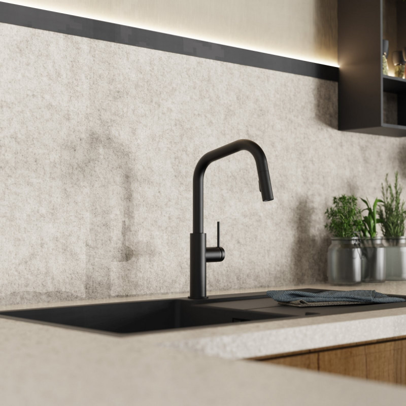 WK 13 Edge in black, Kitchen Faucet with edged spout and pull-down spray