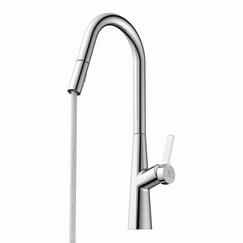 WK 9 Curve in chrome, Kitchen Faucet with curved spout and pull-down spray