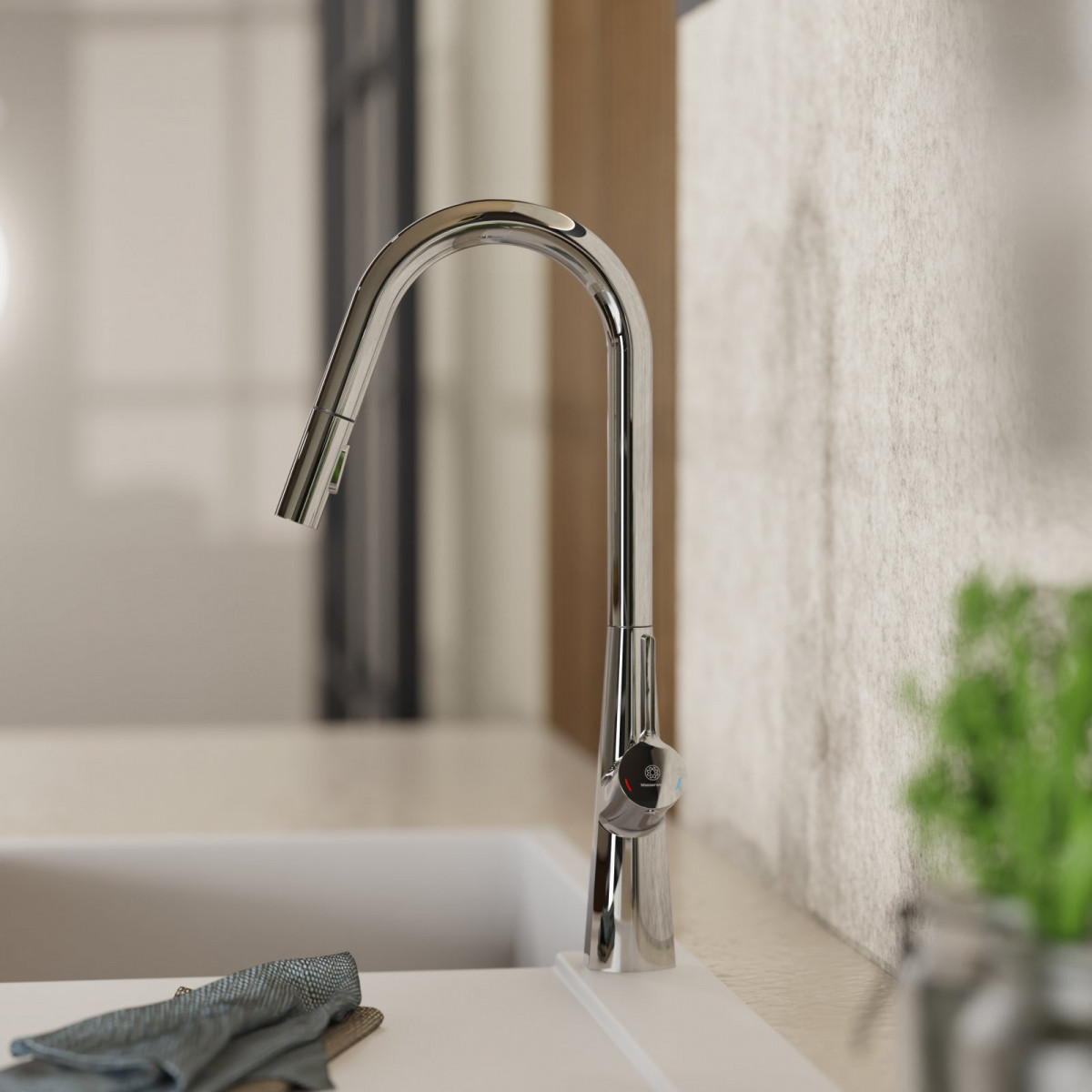 WK 9 Curve in chrome, Kitchen Faucet with curved spout and pull-down spray