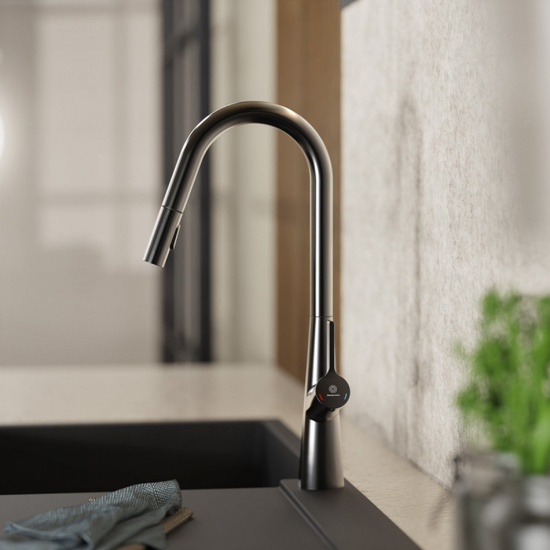 WK 9 Curve in matte graphite, Kitchen Faucet with curved spout and pull-down spray