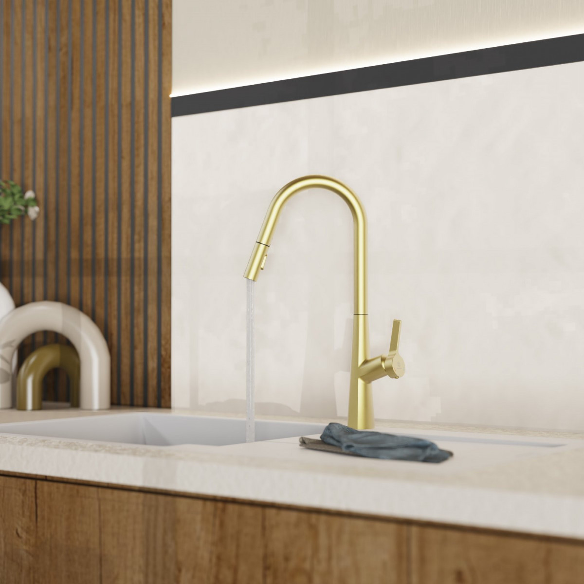 WK 9 Curve in gold look, Kitchen Faucet with curved spout and pull-down spray