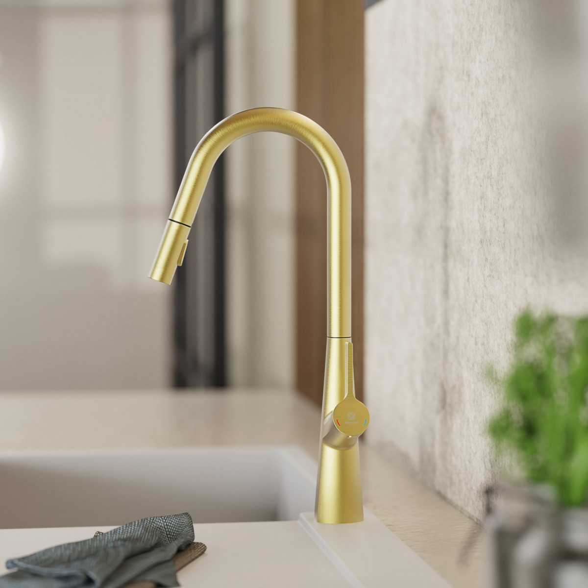 WK 9 Curve in gold look, Kitchen Faucet with curved spout and pull-down spray