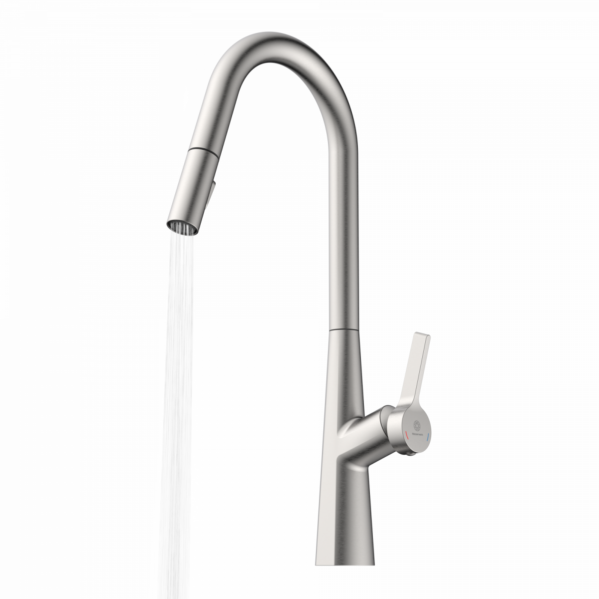WK 9 Curve in stainless steel look, Kitchen Faucet with curved spout and pull-down spray