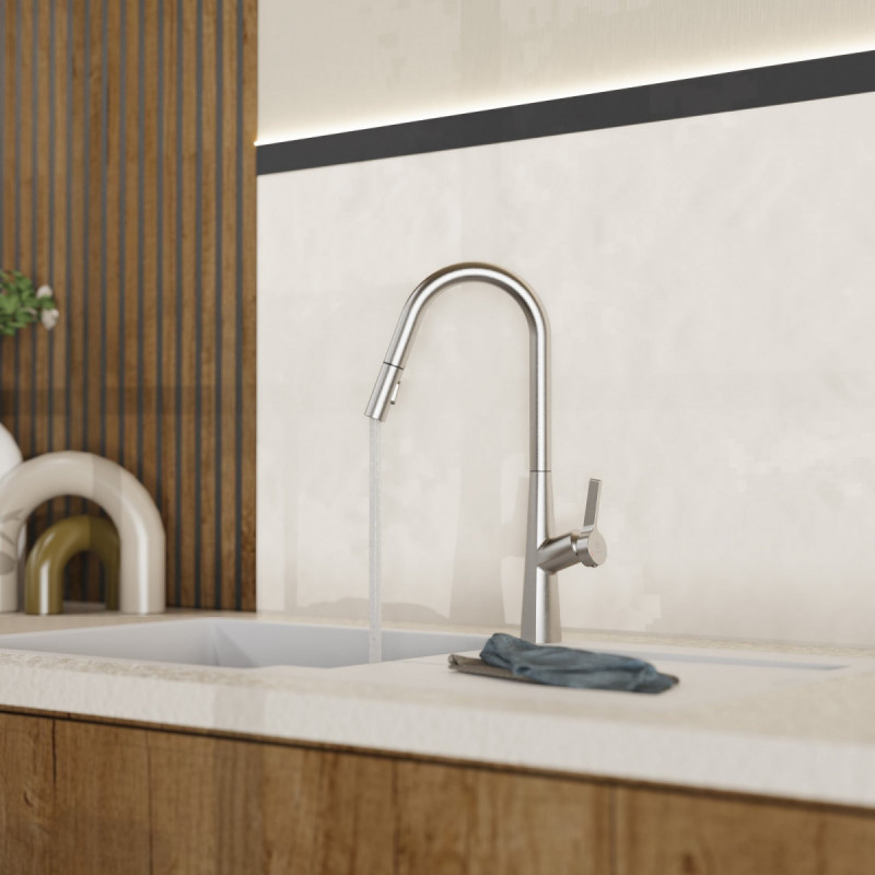 WK 9 Curve in stainless steel look, Kitchen Faucet with curved spout and pull-down spray