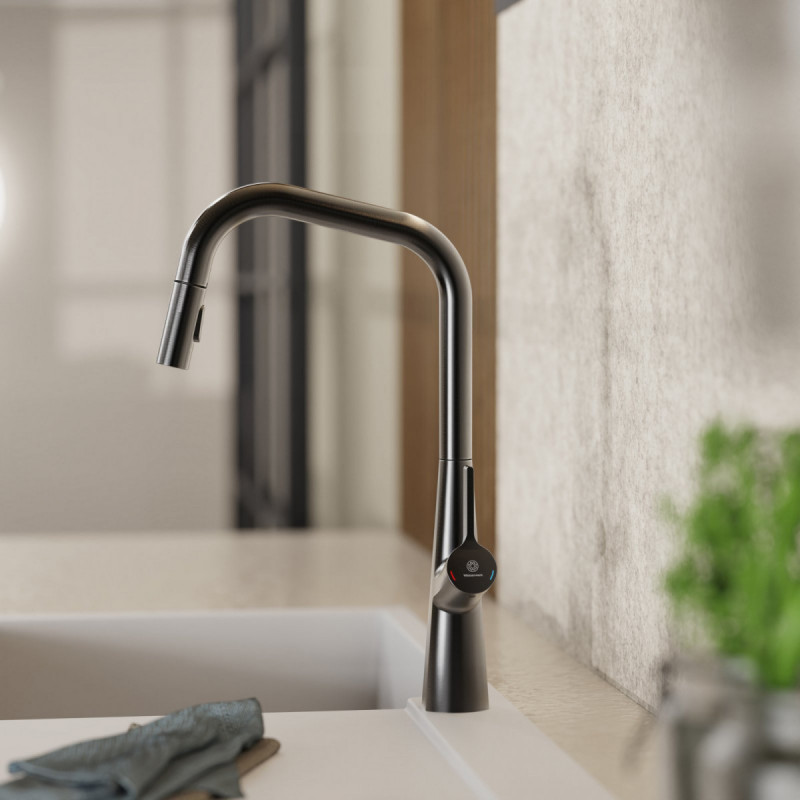 WK 9 Edge in matte graphite, Kitchen Faucet with edged spout and pull-down spray