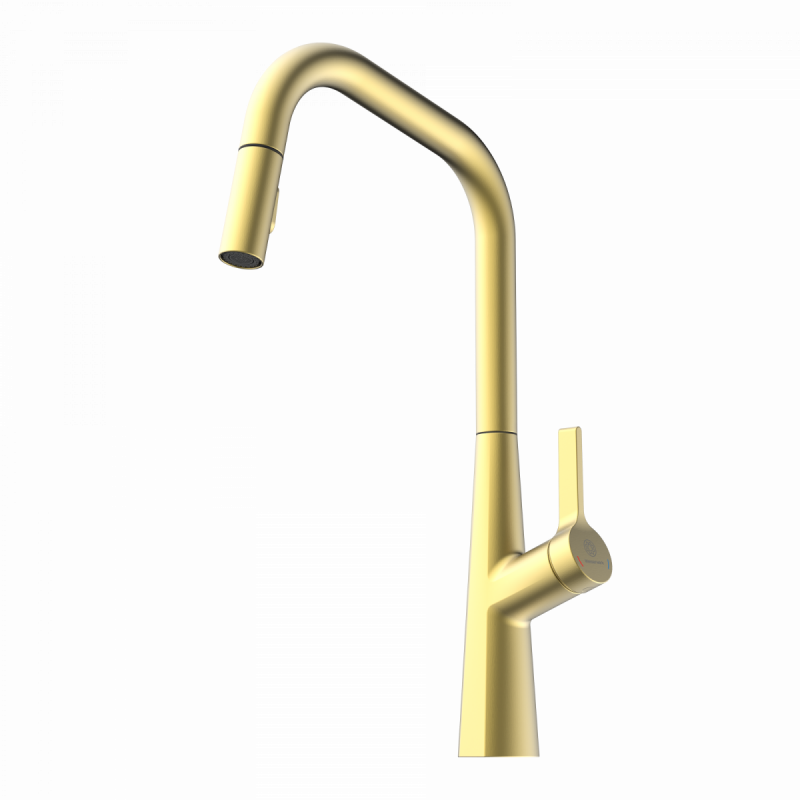 WK 9 Edge in gold look, Kitchen Faucet with edged spout and pull-down spray