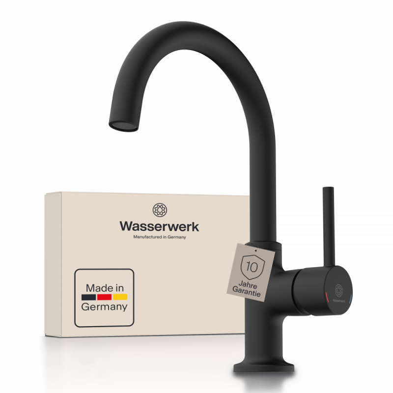 WT 14 in zwart, Wastafelkraan met gebogen uitloop