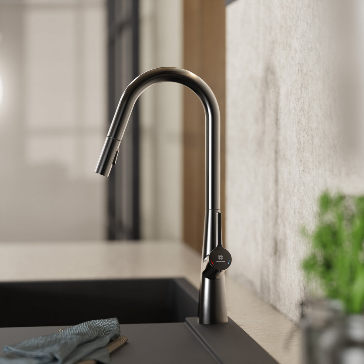 WK 9 Curve in matte graphite, Kitchen Faucet with curved spout and pull-down spray