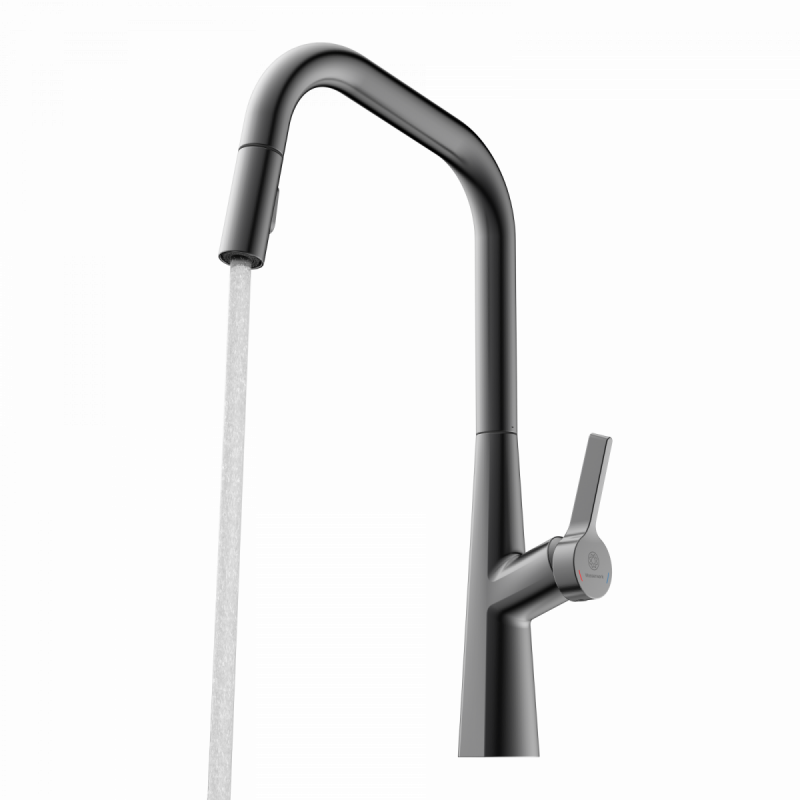 WK 9 Edge in matte graphite, Kitchen Faucet with edged spout and pull-down spray