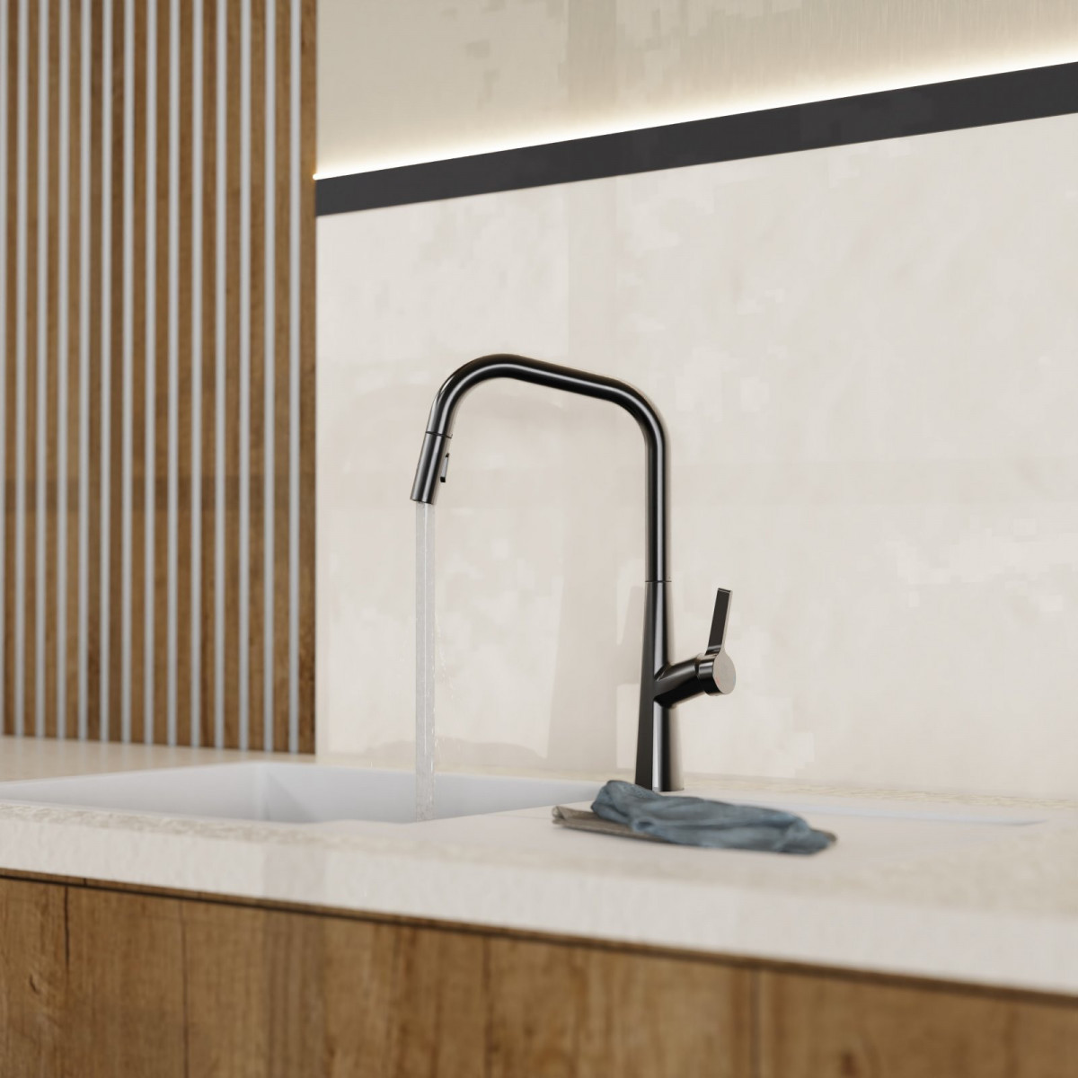 WK 9 Edge in matte graphite, Kitchen Faucet with edged spout and pull-down spray