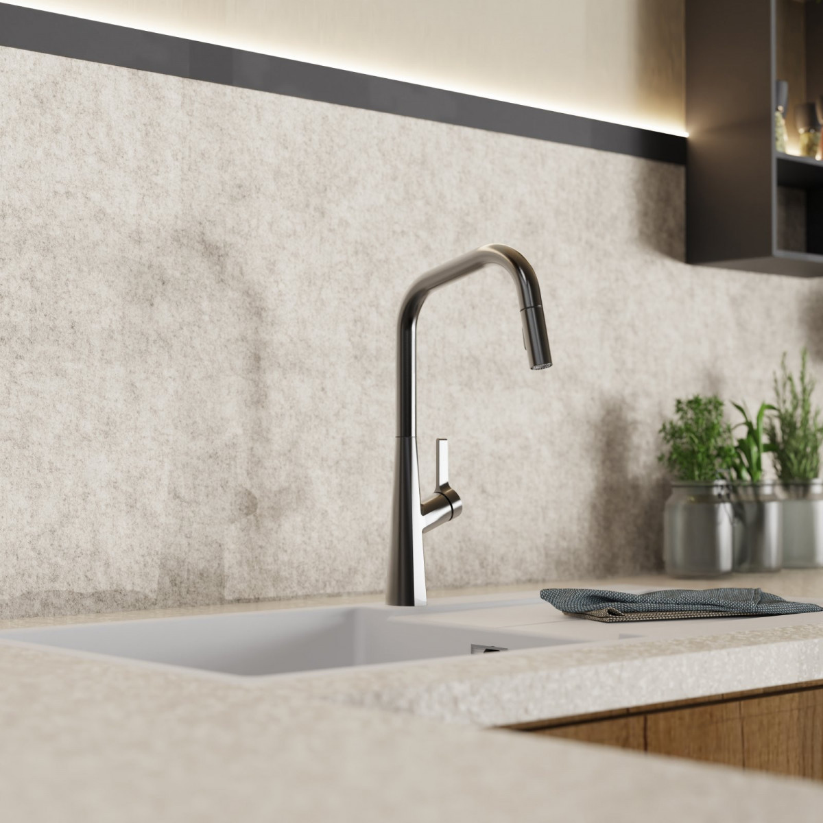 WK 9 Edge in matte graphite, Kitchen Faucet with edged spout and pull-down spray