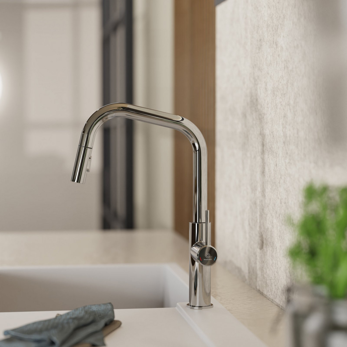 WK 13 Edge in chrome, Kitchen Faucet with edged spout and pull-down spray