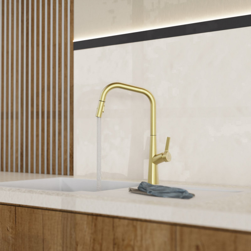 WK 9 Edge in gold look, Kitchen Faucet with edged spout and pull-down spray