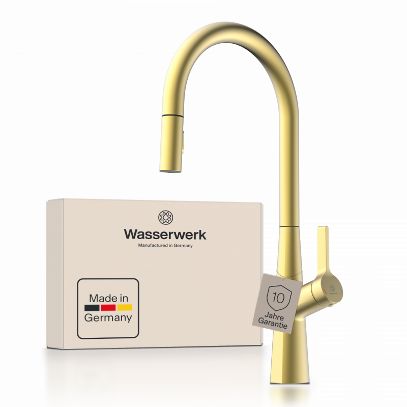 WK 9 Sphere in gold look, Kitchen Faucet with arched spout and pull-out spray