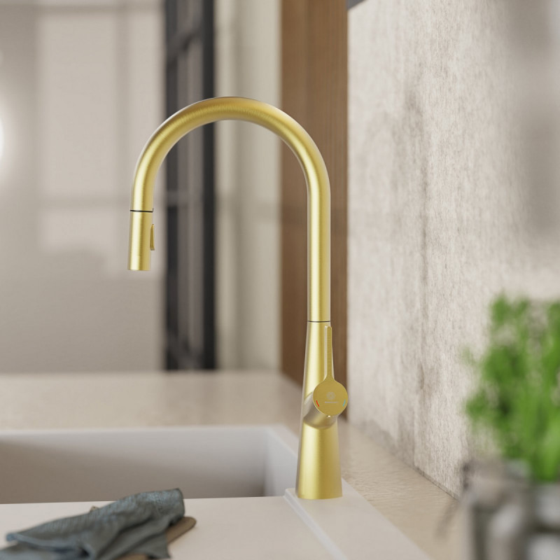 WK 9 Sphere in gold look, Kitchen Faucet with arched spout and pull-out spray