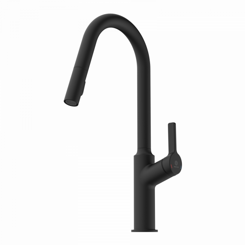 WK 12 in black, Kitchen Faucet with curved spout and pull-down spray