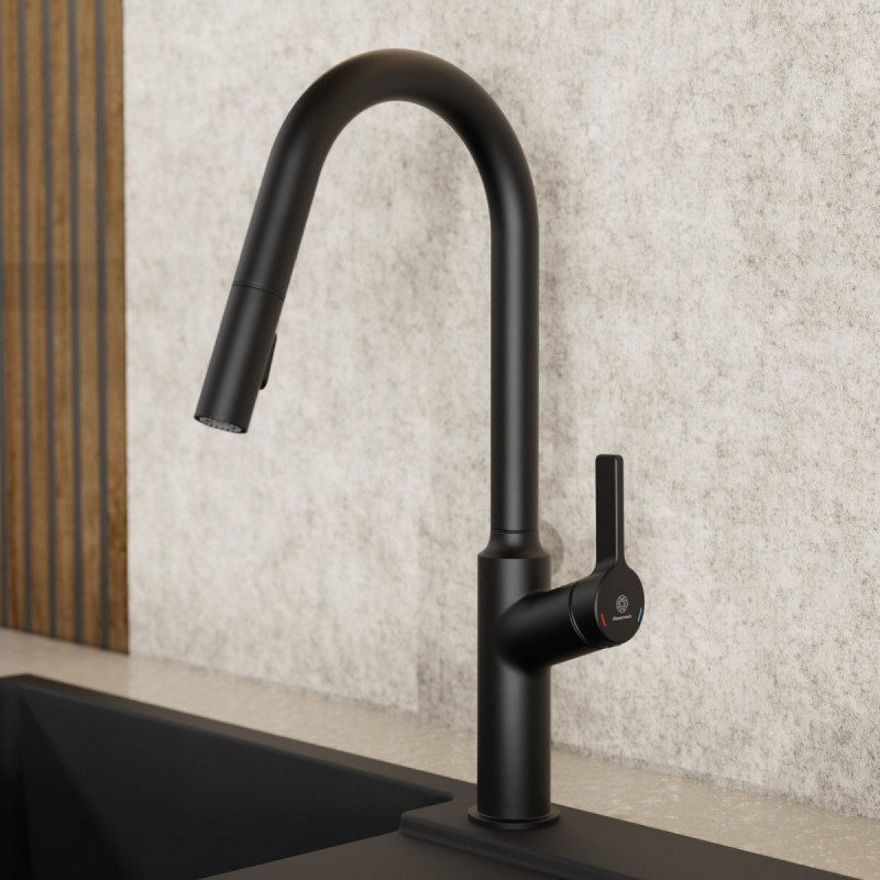 WK 12 in black, Kitchen Faucet with curved spout and pull-down spray