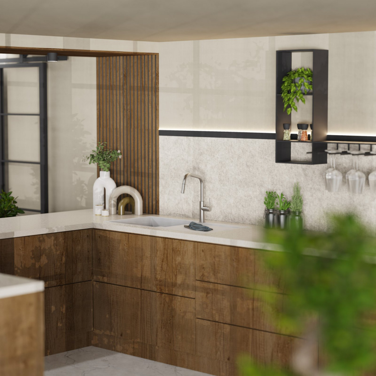 WK 13 Edge en apparence inox, Mitigeur de cuisine avec bec carré et douchette