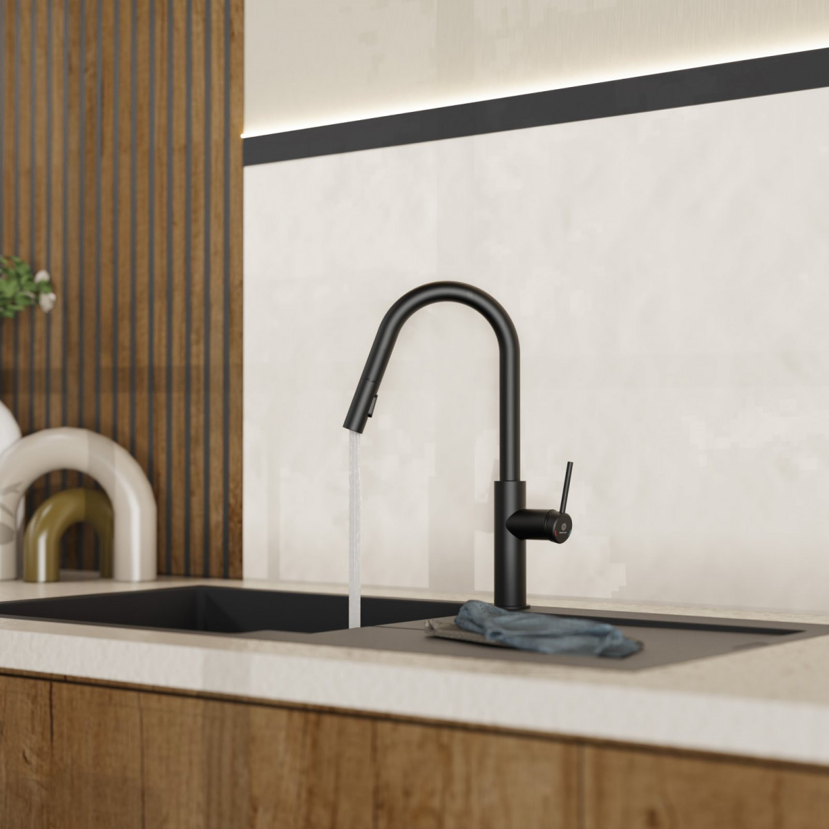 WK 13 Curve in black, Kitchen Faucet with curved spout and pull-down spray