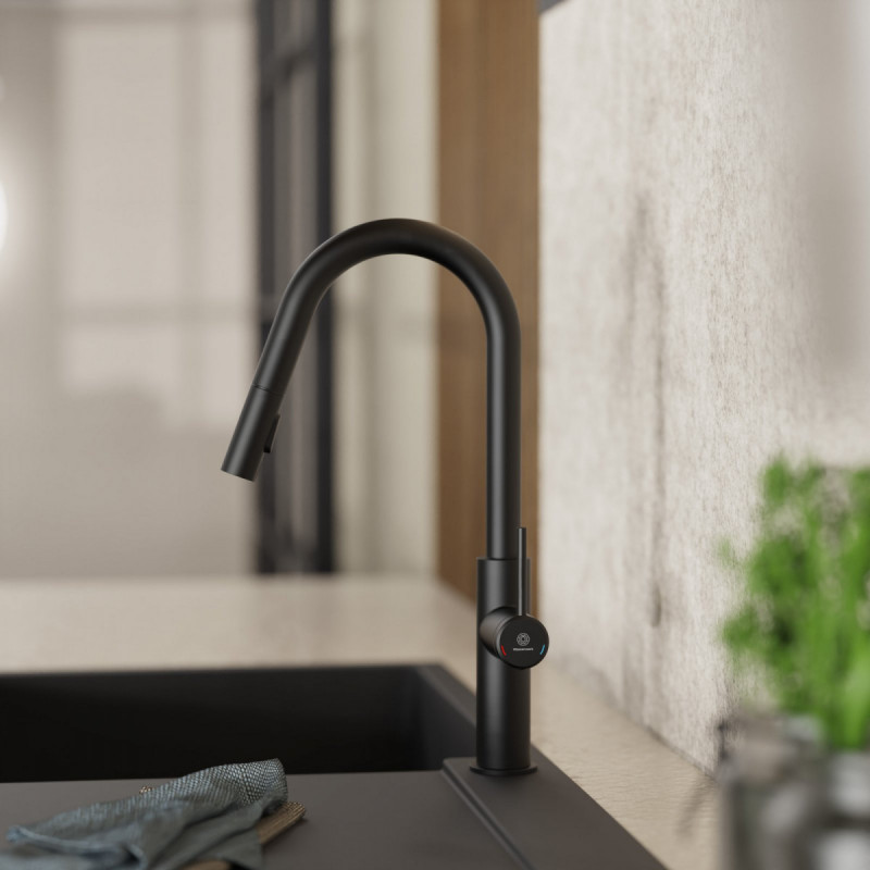 WK 13 Curve in black, Kitchen Faucet with curved spout and pull-down spray