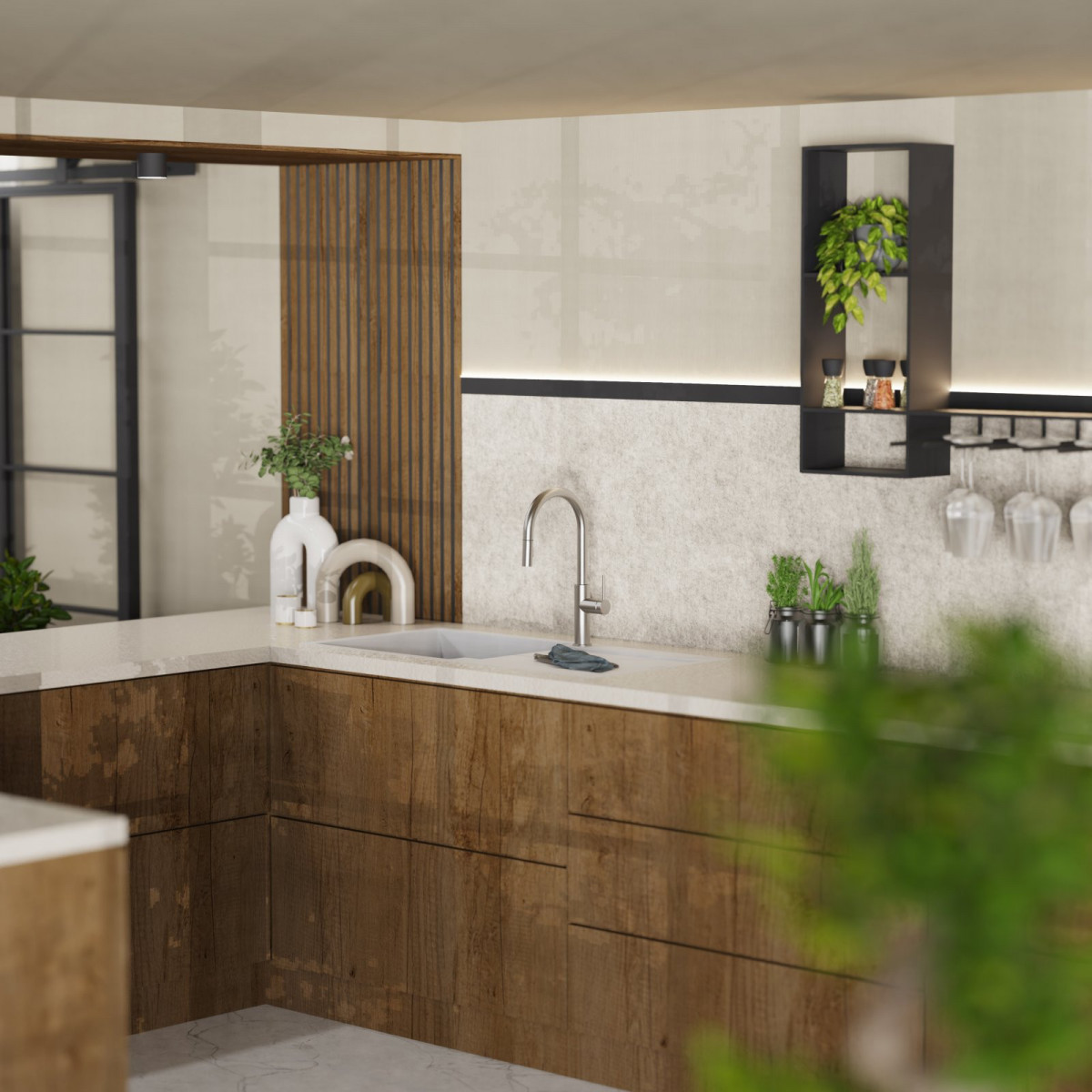 WK 13 Sphere in stainless steel look, Kitchen Faucet with arched spout and pull-down spray