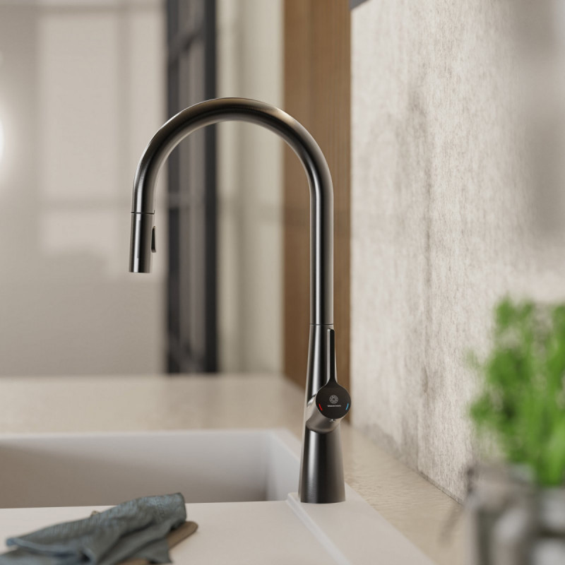 WK 9 Sphere in matte graphite, Kitchen Faucet with arched spout and pull-out spray