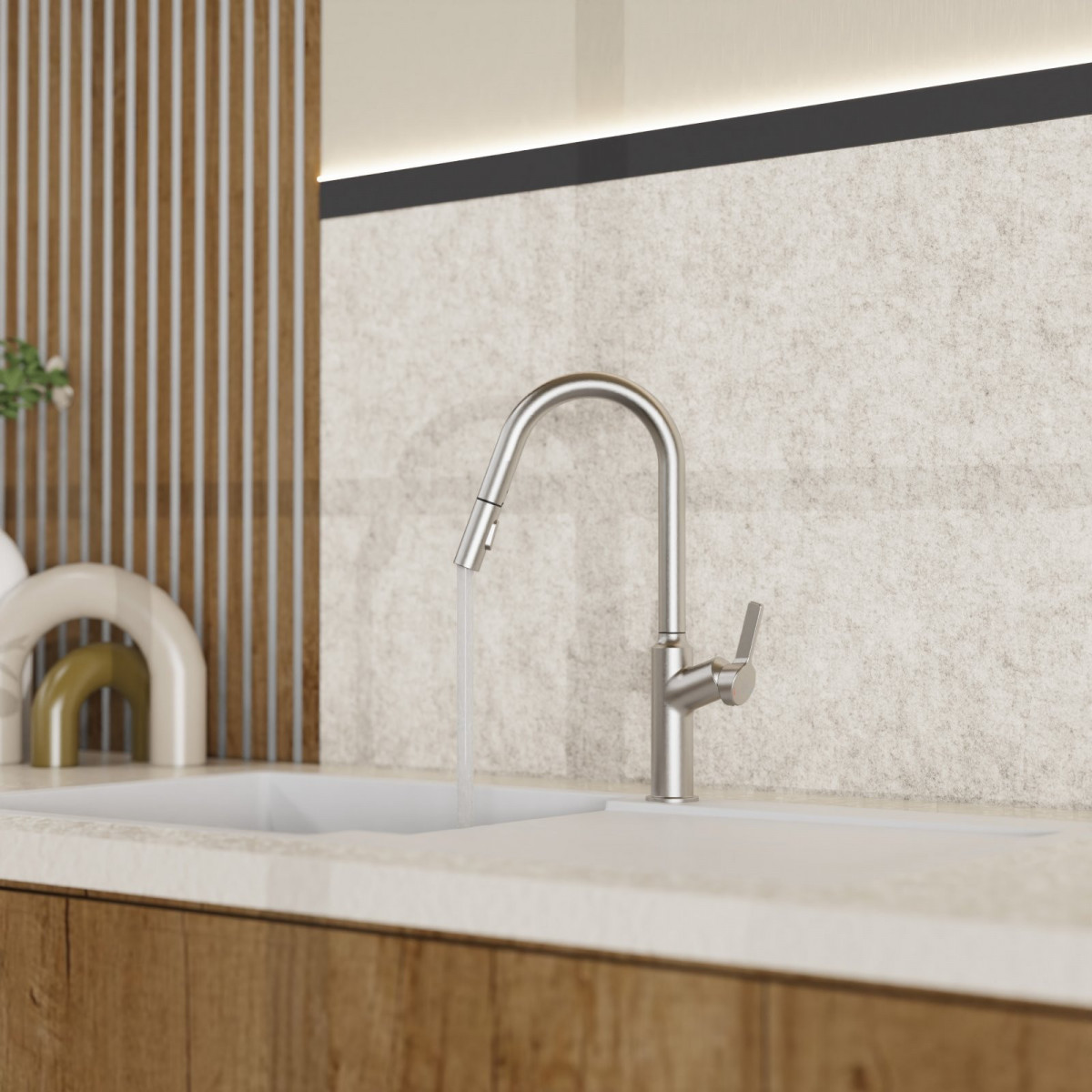 WK 12 in stainless steel look, Kitchen Faucet with curved spout and pull-down spray