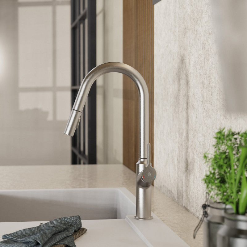 WK 12 in stainless steel look, Kitchen Faucet with curved spout and pull-down spray
