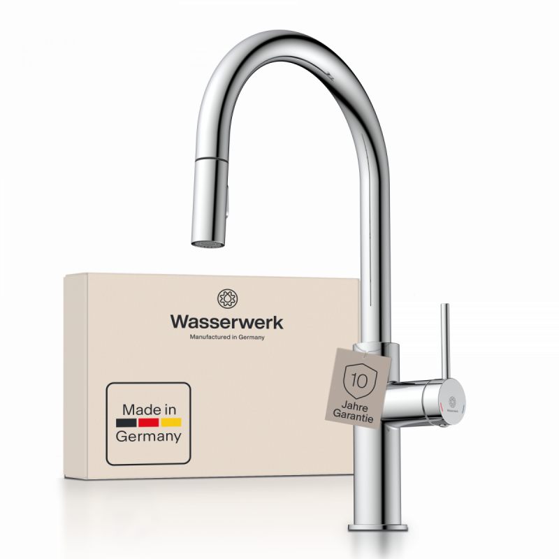 WK 13 Sphere in chrome, Kitchen Faucet with arched spout and pull-down spray