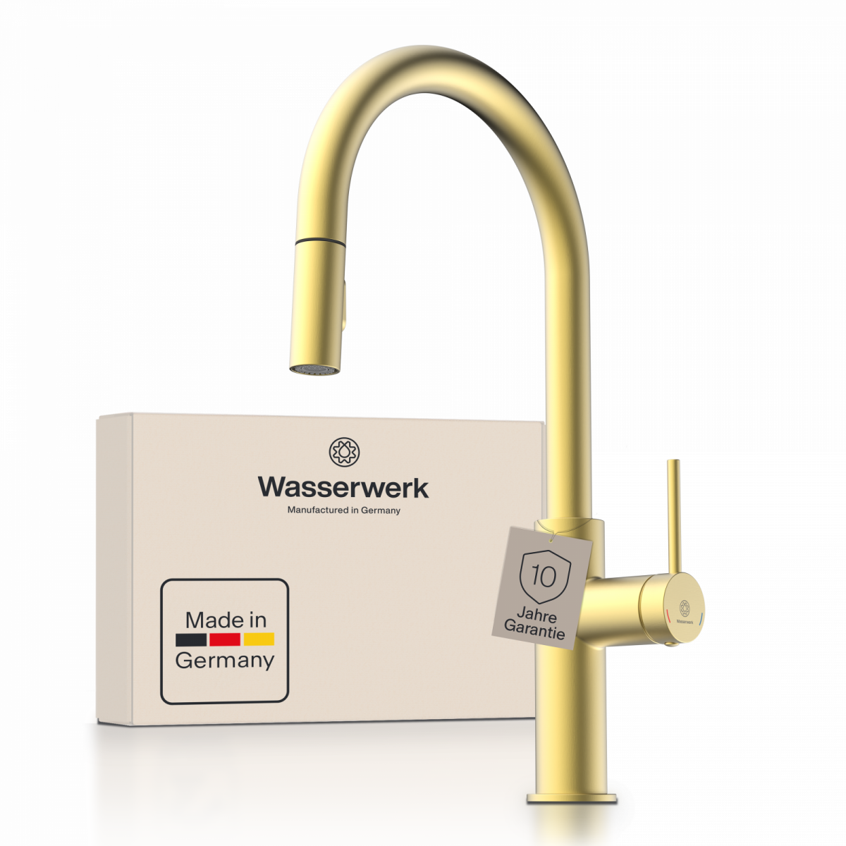 WK 13 Sphere in gold look, Kitchen Faucet with arched spout and pull-down spray