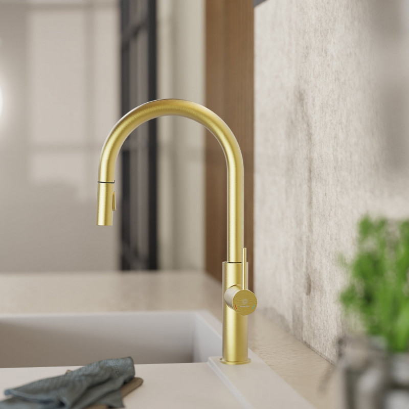 WK 13 Sphere in gold look, Kitchen Faucet with arched spout and pull-down spray