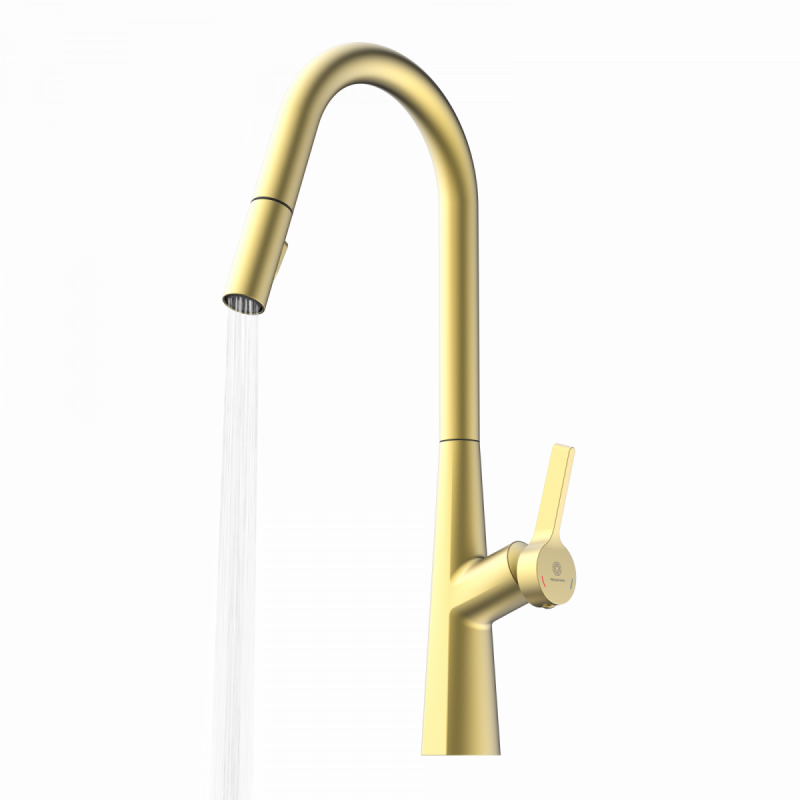WK 9 Curve in gold look, Kitchen Faucet with curved spout and pull-down spray