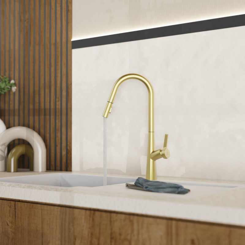 WK 9 Curve in gold look, Kitchen Faucet with curved spout and pull-down spray