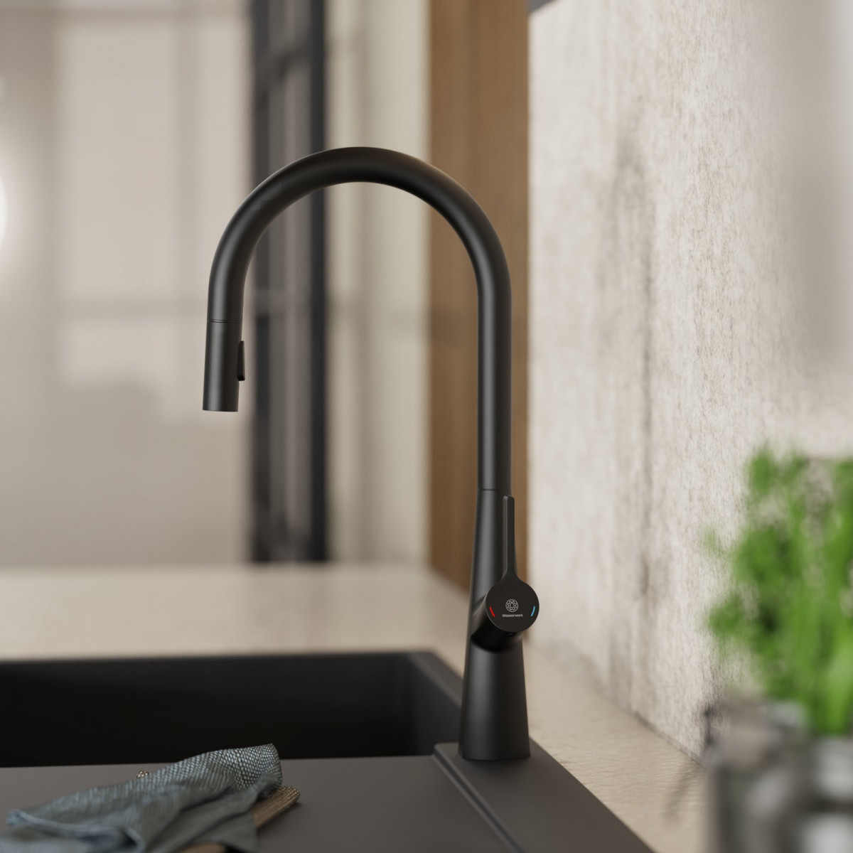 WK 9 Sphere in black, Kitchen Faucet with arched spout and pull-out spray